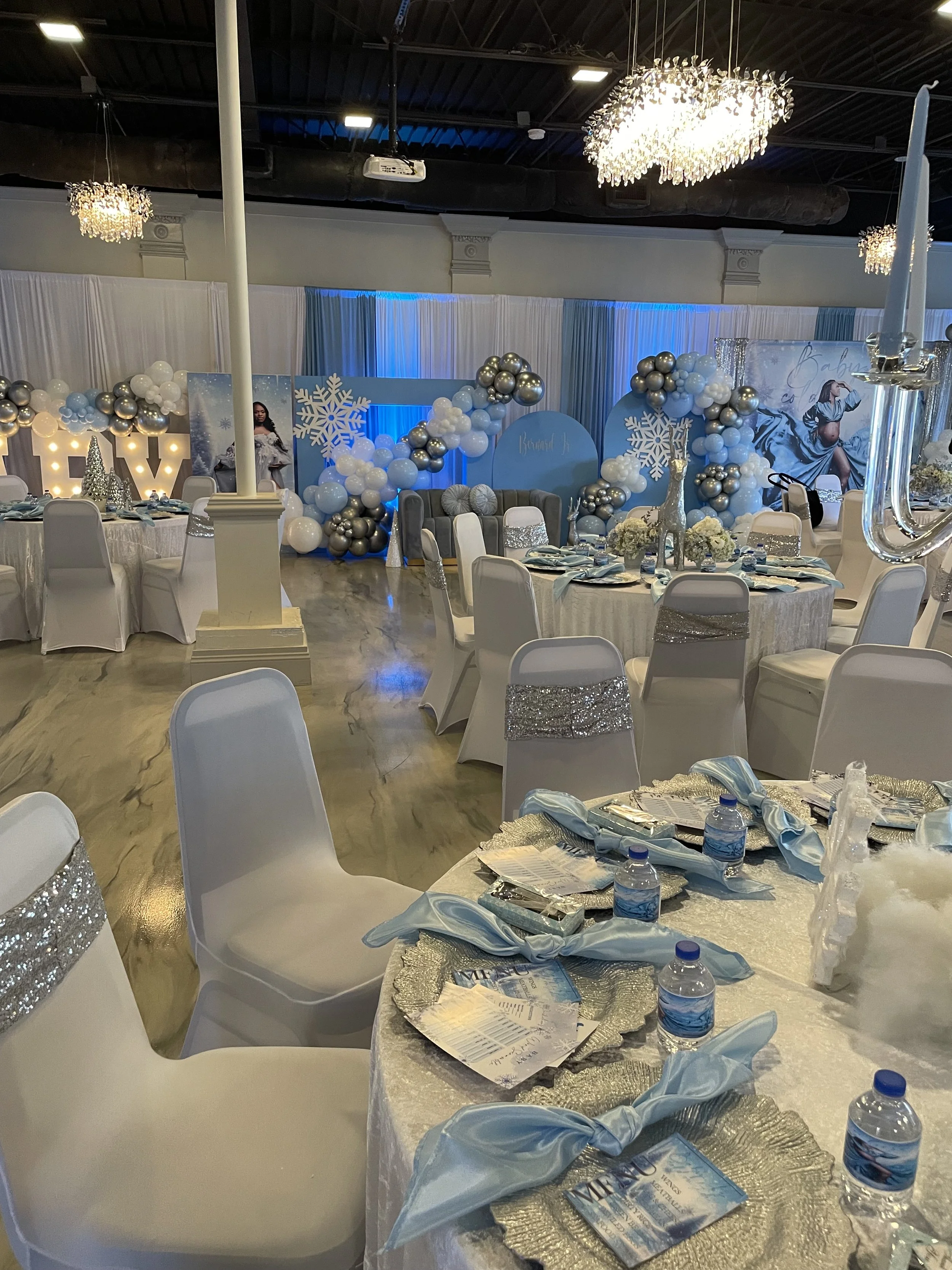 Blue and white baby shower ballroom